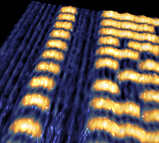 Fig. 2: Nanoscale skyrmions ligned up along linear tracks in ultrathin iron films being three atomic layers thick only