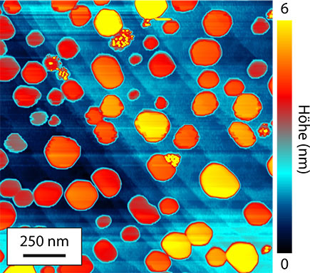 Die Abbildung zeigt die mit einem Rastertunnelmikroskop un­ter­such­ten Lanthan-Nanoinseln auf einer Wolfram-Unterlage.