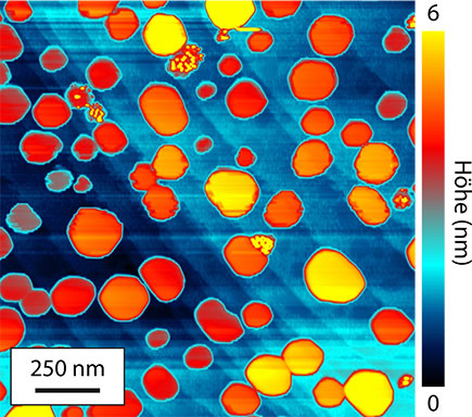 Die Abbildung zeigt die mit einem Rastertunnelmikroskop un­ter­such­ten Lanthan-Nanoinseln auf einer Wolfram-Unterlage.